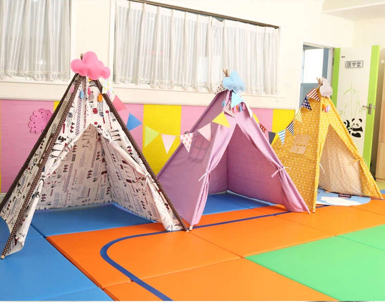 Indoor and Outdoor Children Playing Teepee Tent Cotton Fabric Indian Folding Kids Canvas Tent with Square Pad