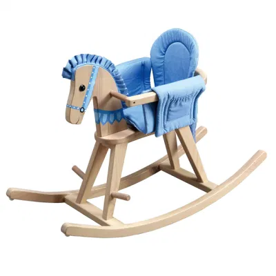 Cheval à bascule en bois avec coussinet de sécurité amovible Naturel/Bleu